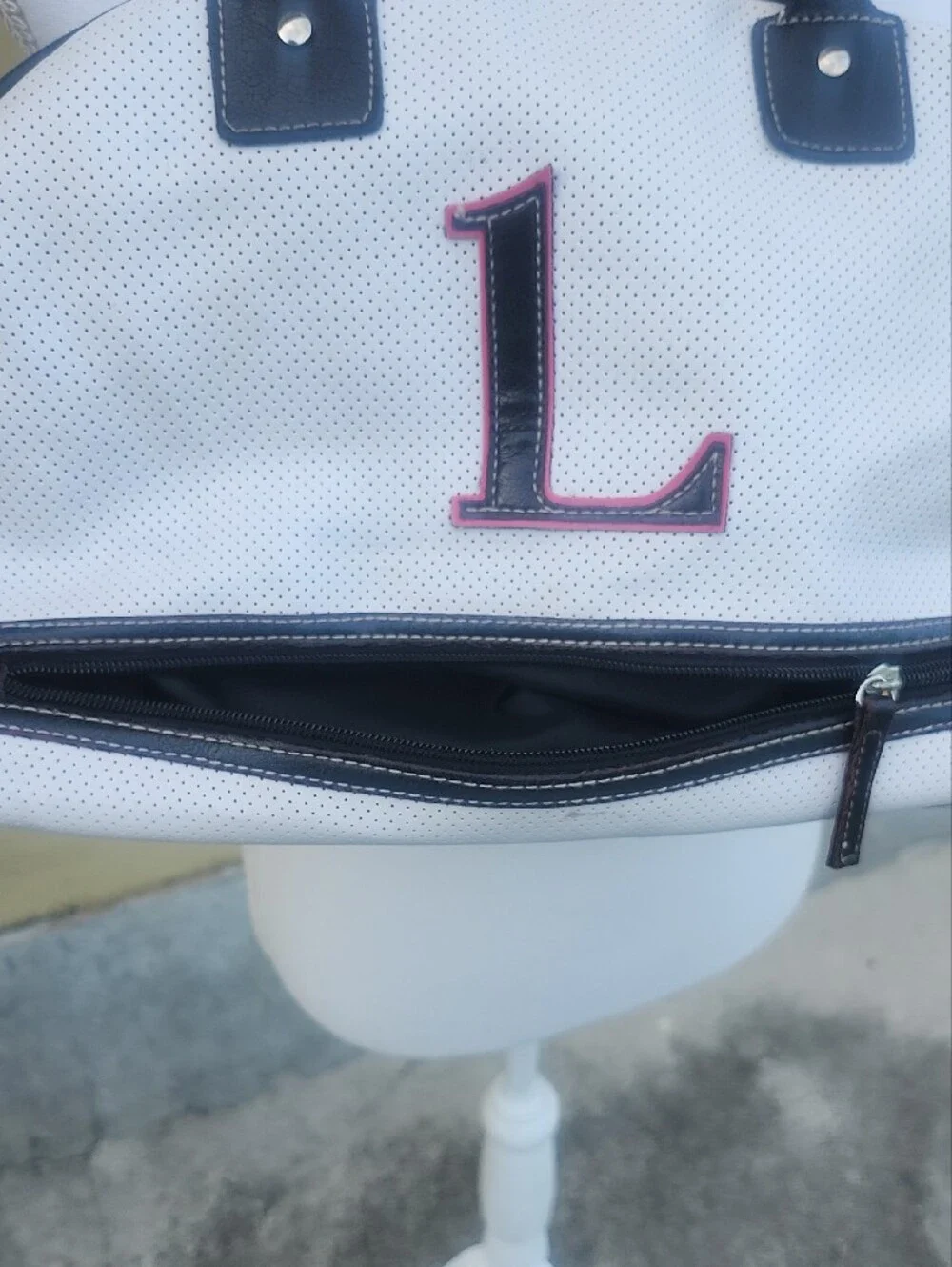 Y2k White Perforated Tote with Black Trim and Pink Monogram
